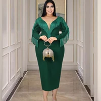 party dress women green v neck see through mesh fringed long sleeve elegant evening formal celebrity bodycon dresses designer