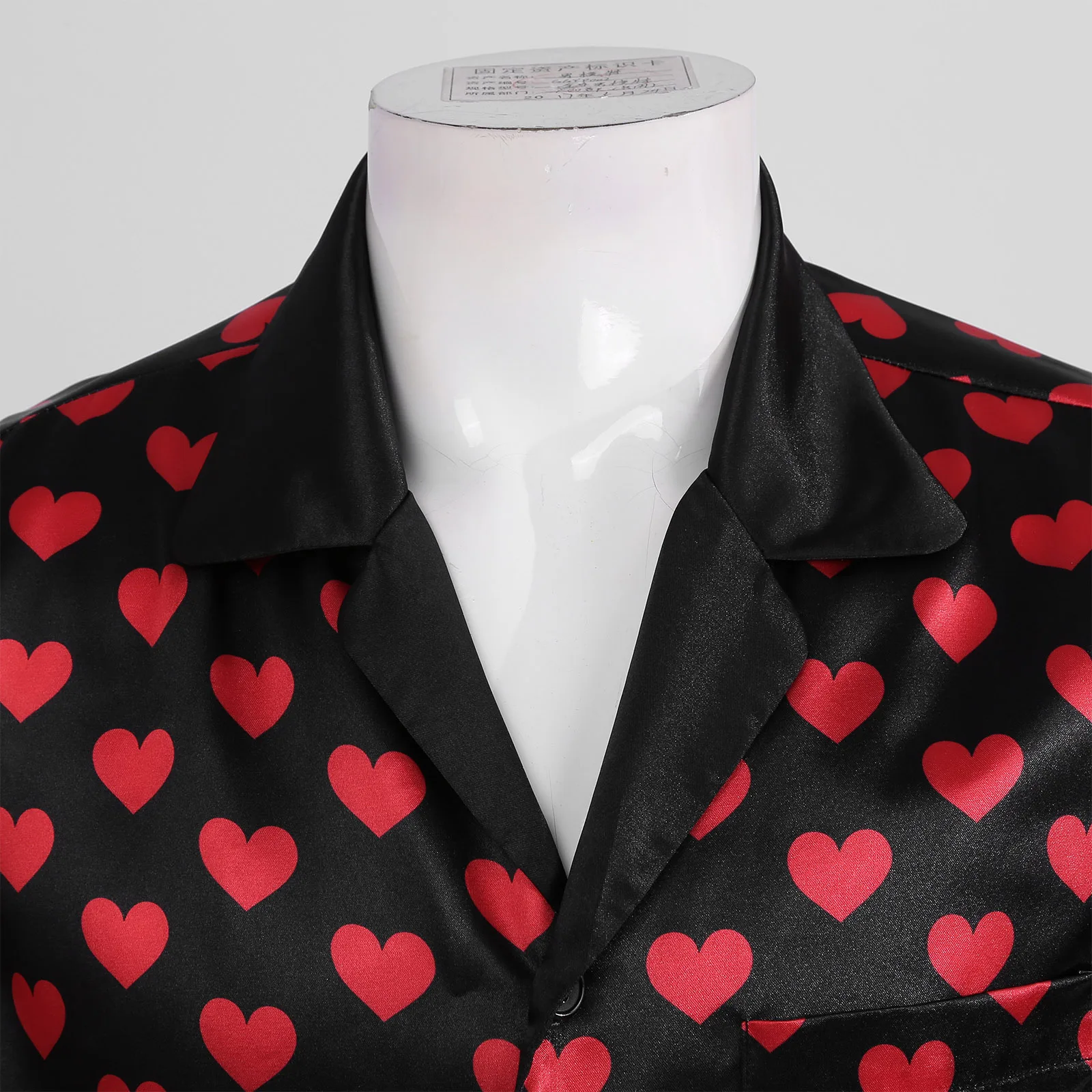 Men's Satin Nightgown Sleep Shirt Heart Printed  Silky Short Sleeve Button Down Pajamas Nightwear Pjs Homewear Loungewear