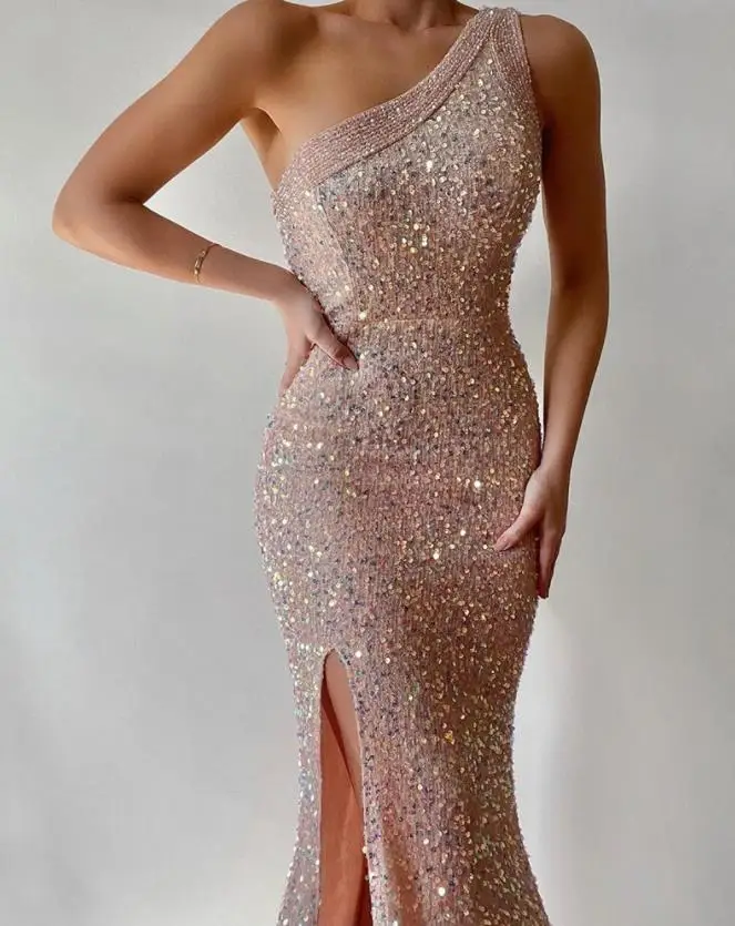 

Dresses For Women 2022 Autumn Glamorous Wedding Guests Party One Shoulder Sleeveless Slit Sequin Skinny Daily Maxi Dress