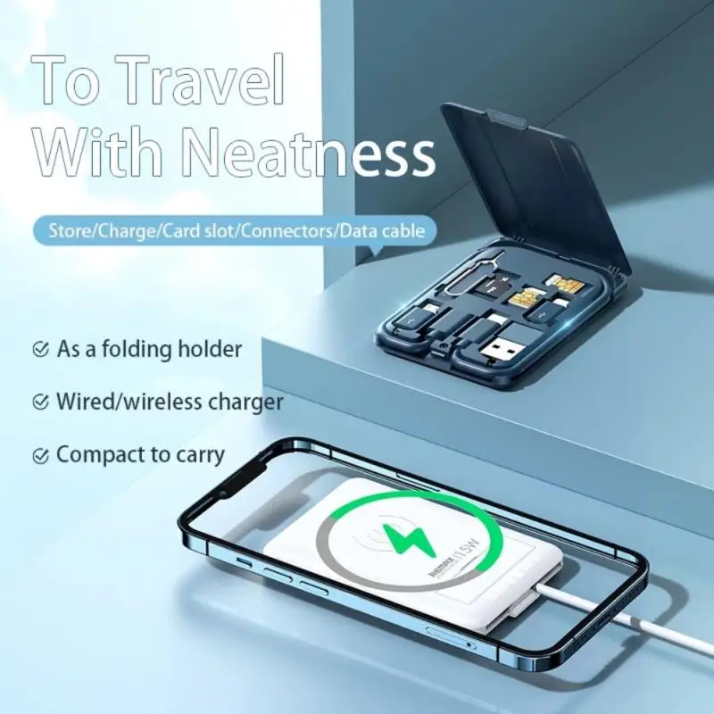 

6in1 Wireless Charger Portable Wireless Charging Type C Charge Cable Set Cell Phone Holder Data Cable Storage Box Data Transfer
