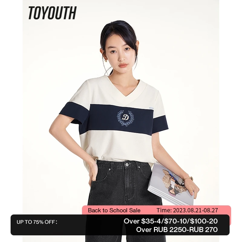 

Toyouth Women T-shirt 2023 Summer Short Sleeve V Neck Loose Tees Color Block Embroidery Preppy Style Casual Chic Tops