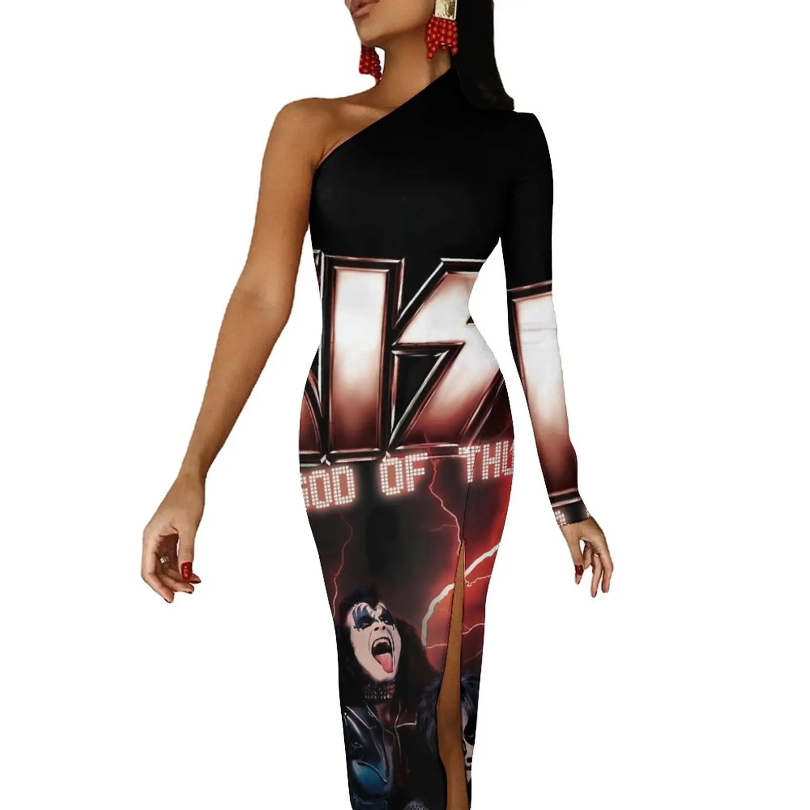 

Платье-макси на одно плечо, с принтом «God Of Thunder»