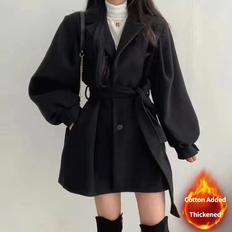 

Женское шерстяное пальто в Корейском стиле, элегантная однотонная плотная теплая куртка средней длины с отложным воротником и поясом, модная офисная Дамская верхняя одежда, осень-зима