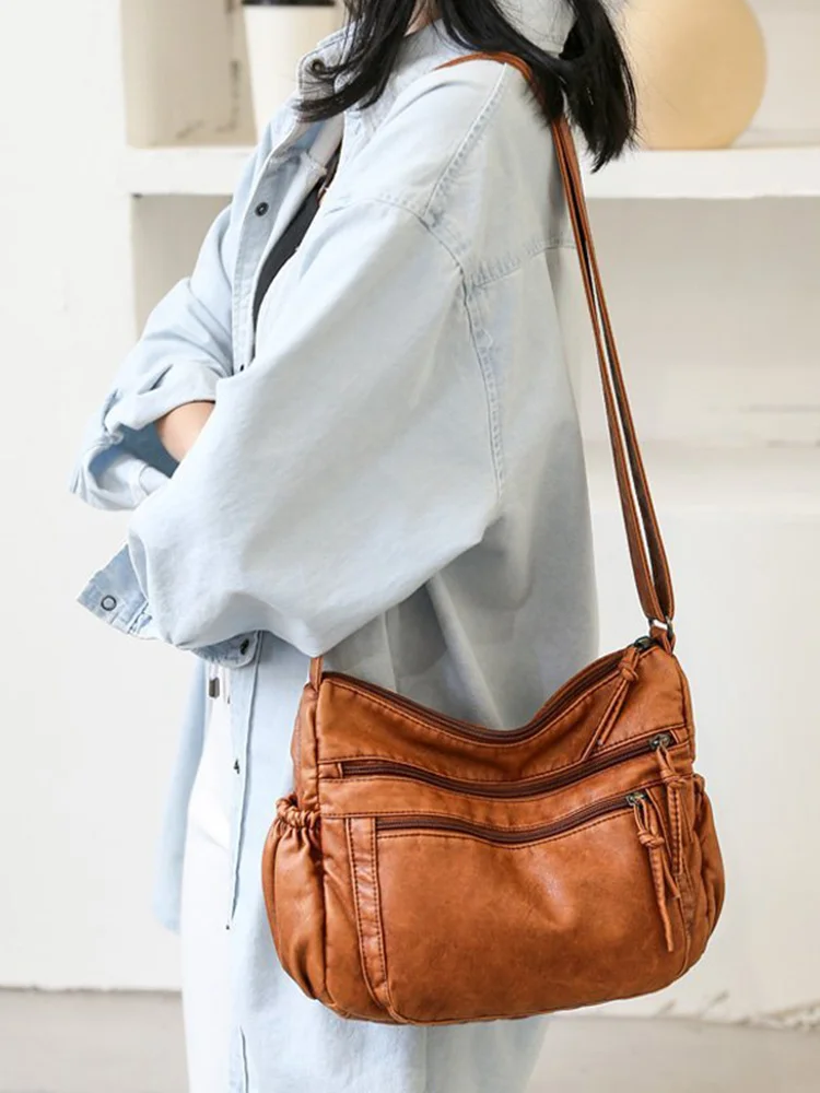 Retro Washed PU Leather Crossbody Bags For Women Multi Pockets Shoulder Bag Large Capacity Tote Bags Ladies Tote Hobo Bag