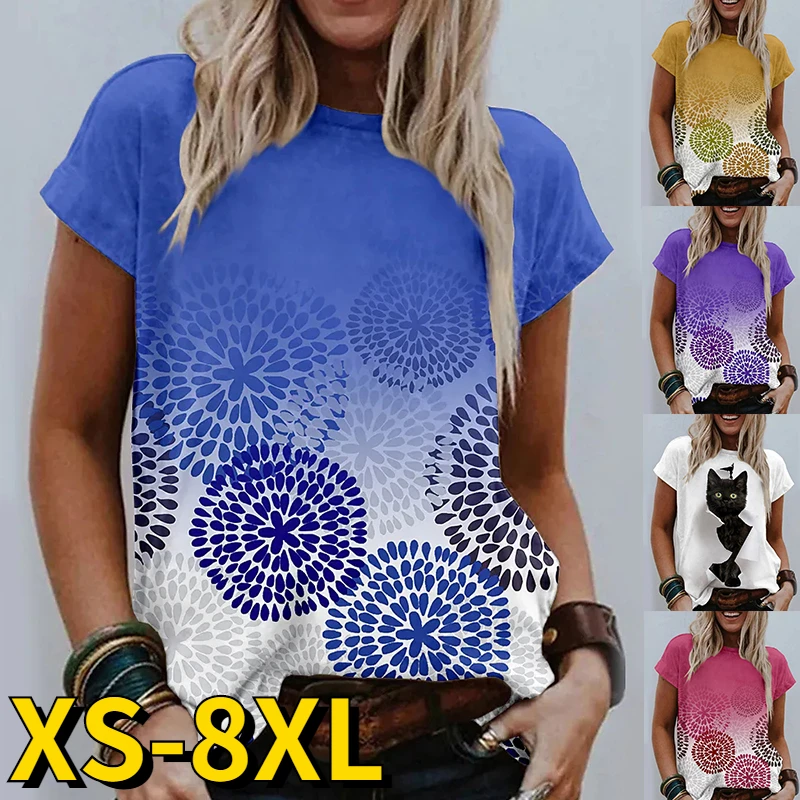 

Women's New Fashion Round Collar Short-sleeved Top Retro Print T-shirt Summer Casual Loose Pullover Female Concise Style Top