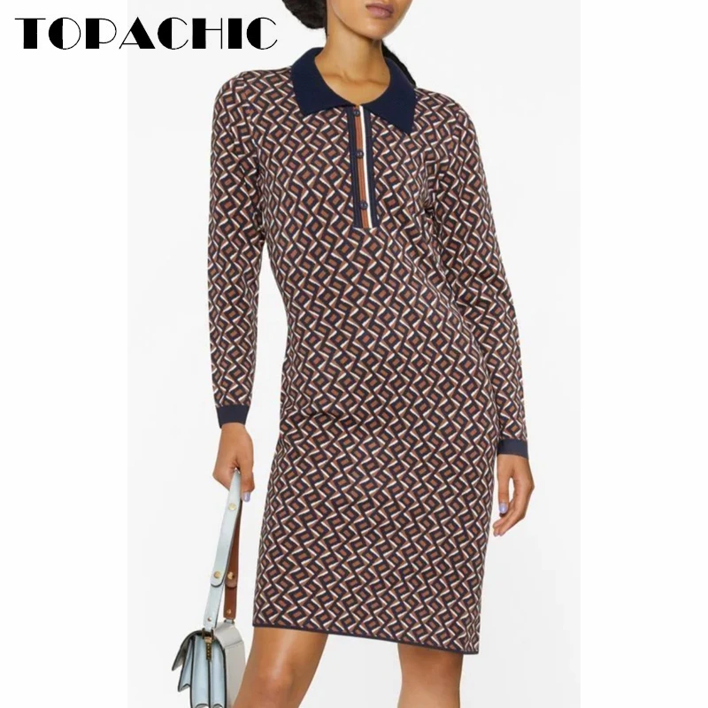 

Женское Трикотажное Шерстяное Платье TOPACHIC, повседневное облегающее платье с длинными рукавами «ромбиками», 10,21