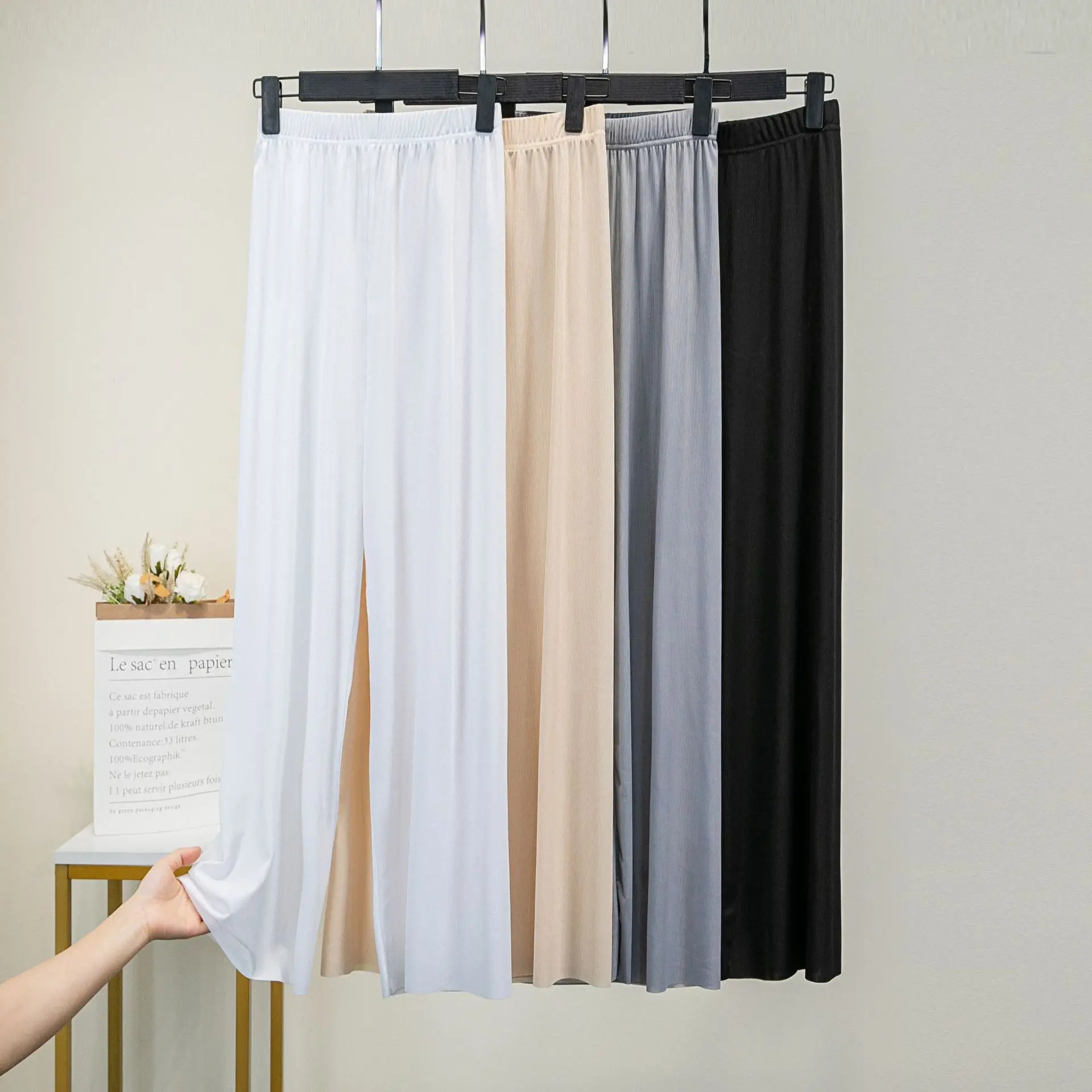 

Slacks Women's Loose Summer Pants Soft Ice Silk Ankle-Length Black Wide Leg Pants Grey Khaki Women High Waisted Trousers