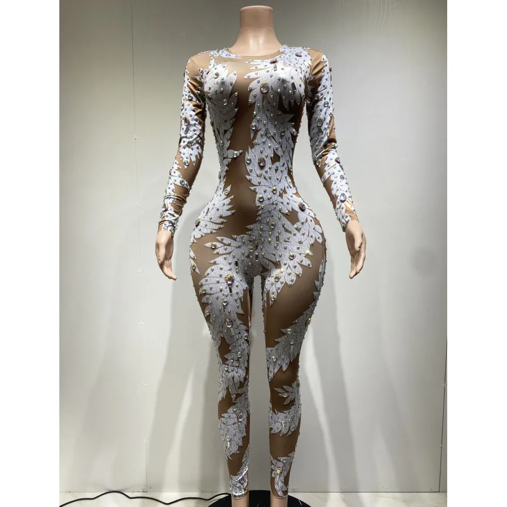 Bodycon Print Long Sleeve Jumpsuit Women Elegance For Party Nightclub Bar Stage Rhinestones Sparkle Performance Dance Costume