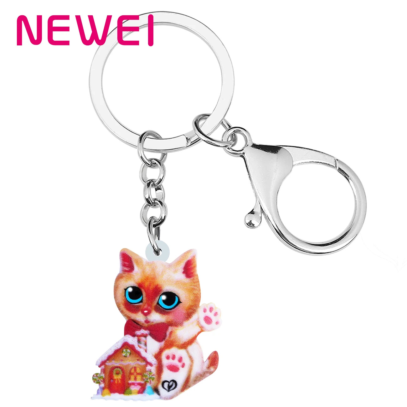

NEWEI Christmas Acrylic Cute Snow House Cat Kitten Keychains Car Purse Key Chain Ring Gifts Fashion Jewelry for Women Girl Teens