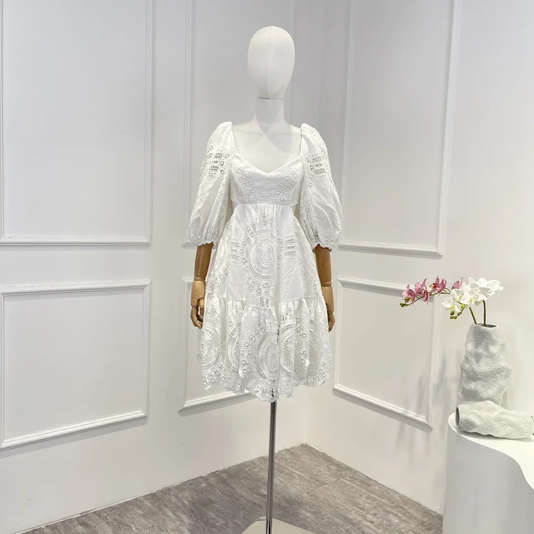 

Ramie White Hook Flower Hollow 2023 Beige New Summer Vintage High Quality Cut Out Half Sleeve Lace-up Backless Woman Mini Dress