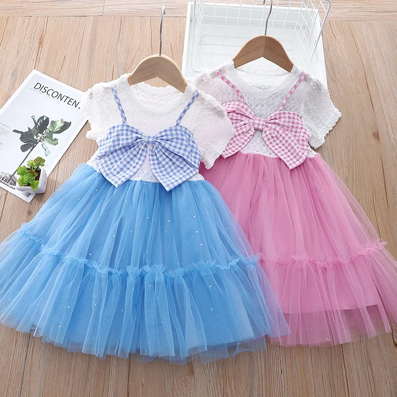 

Cute Korean Summer Kids Dresses for Girls Bow Tie Mesh Short Sleeve Princess Dress Toddler Children Birtthday Costume Outfits