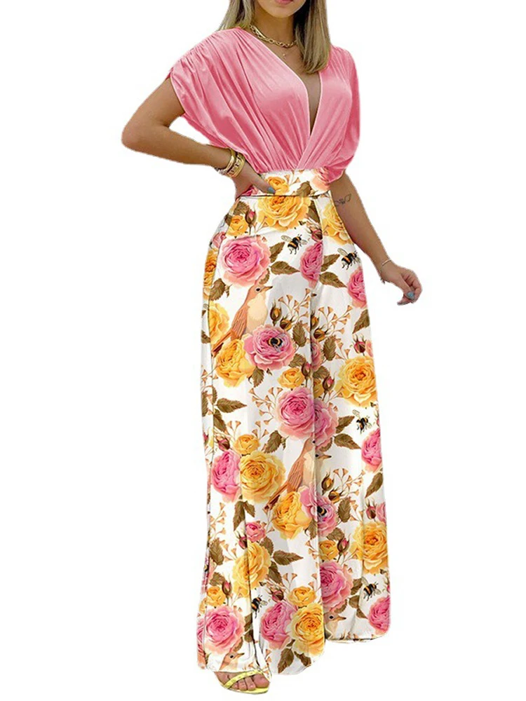 

Women Summer Sexy V--neck Short Fashion Loose Two Pieces Set Sleeve Tops Printing Floral Wide Leg Suits Vintage Casual Lady Sets