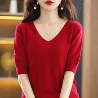 v neck pure wool knitted short sleeved womens sweater 2022 early spring loose pullover bottoming half sleeve cashmere boutique
