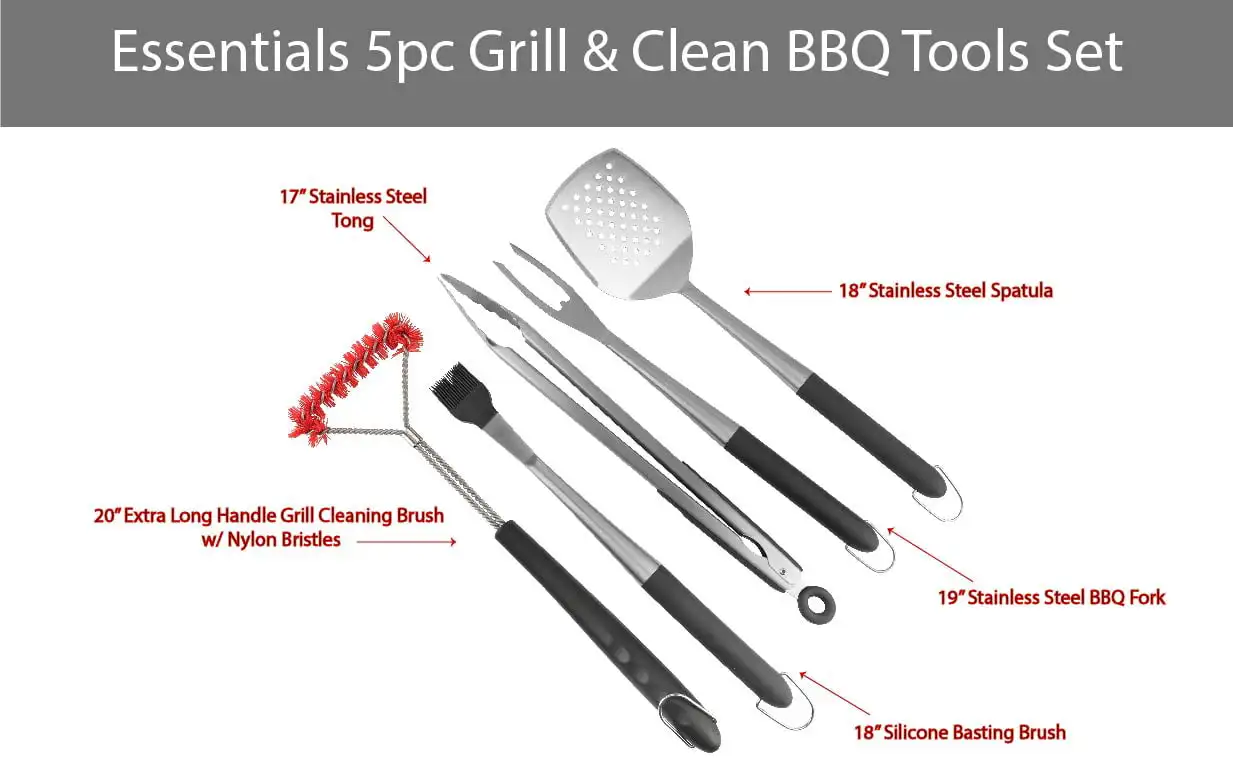 

Grill & Clean 5pc Tools Set with Spatula, Tong, Basting Brush, BBQ Fork and Grill Brush