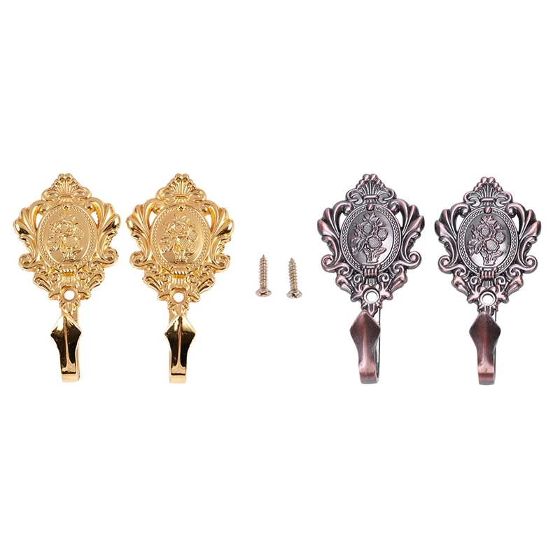 

4 Pcs Rose Pattern Vintage Alloy Drapery Curtain Holdbacks Tieback Hooks, 2Pcs Gold & 2Pcs Red Patina
