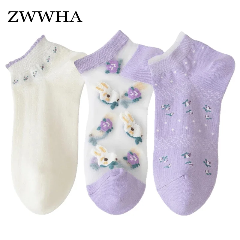 

3 Pairs Women's Socks 2022 Spring Summer Casual Fashion Transparent Cute Ankle Socks Cute Female Flower Korean Style Lace Trendy
