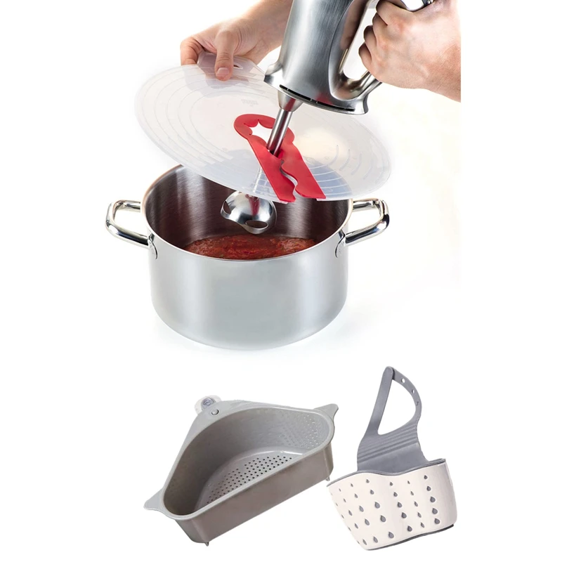 

1 Pcs Beat Eggs Splash Cover & 1 Set Sink Strainers Basket, Triangular Drain Shelf With Suction Cup Gray
