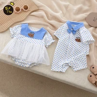 infant baby polka dot rompers toddder newborn boys girls short sleeves cotton breathable jumpsuits gauze dress blue bow clothes