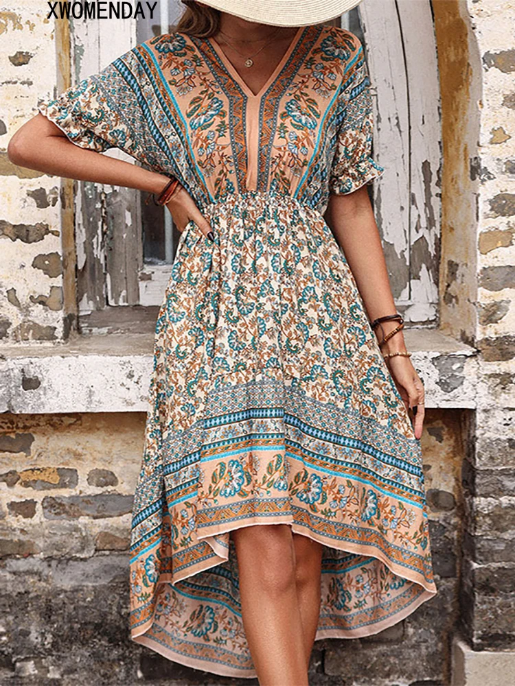 

Vintage Floral Long Dress Women Summer Casual Backless Lace-up Ruffle Boho Beach Dress Elegant V Neck Midi Short Sleeve Dresses