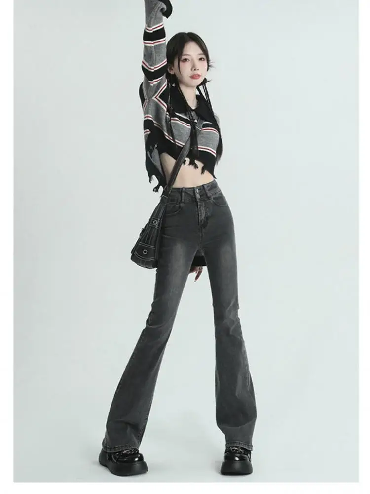 Vintage Micro Elastic Slim Fit Flare Denim Pants Women High Wasit Skinny Slender Jeans Show Height Ladies Trousers