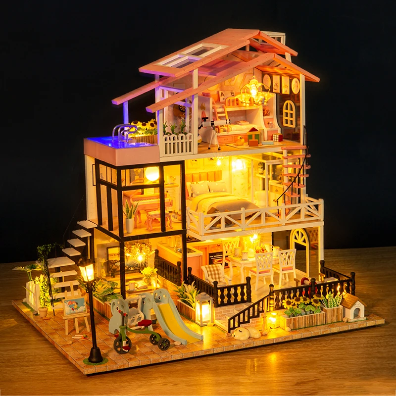 

Новый деревянный кукольный домик в комплекте, миниатюрный с мебелью, семейство принцесс, сделай сам, большая вилла, кукольный домик, игрушки для девочек, рождественские подарки