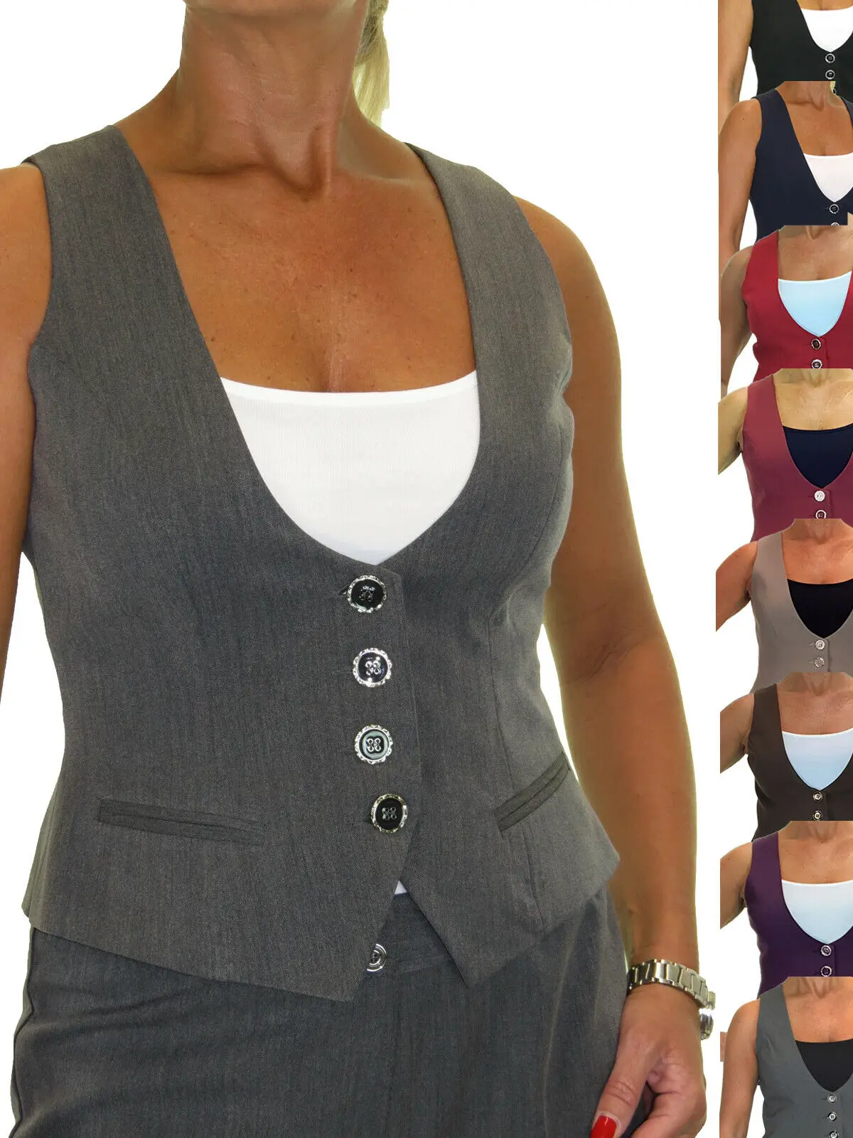 

Wome Suit Vest Smart Buttoned Lined Waistcoat Washable Office Day Work S-XXXL