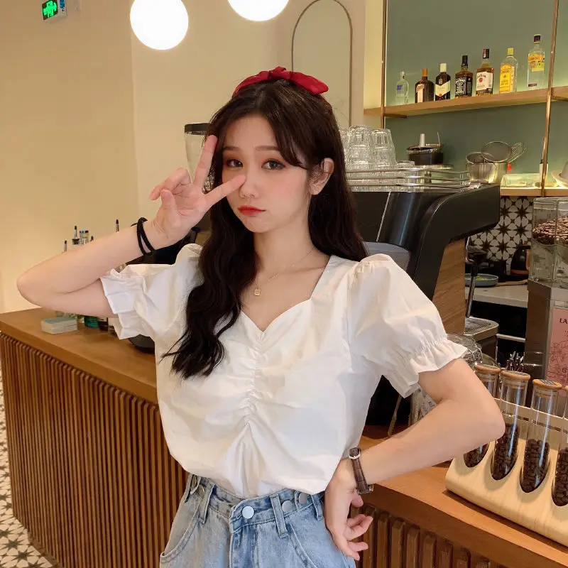 

Puff Sleeve V Neck Blouse Korean Fashion White Cropped Shirt for Women Girl Kawaii Cute Short Style Preppy Student Tops Summer