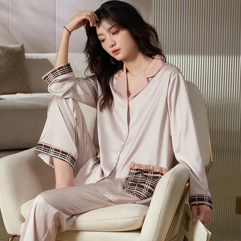 2023 New Ice Silk Pajamas Women's Spring and Autumn Long Sleeve Summer Thin High-Grade Imitation Silk Home Wear Suit