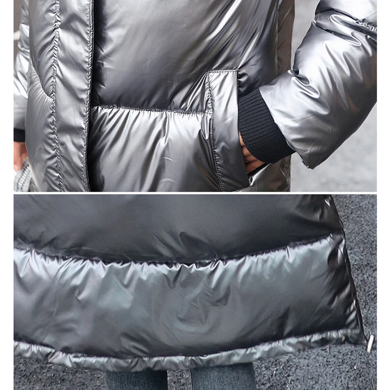 Bright Cotton Padded Coat Women Fur Collar Loose Thicken Warm Jacket Women 2022 Winter Korean Fashion Solid Long Parkas Female