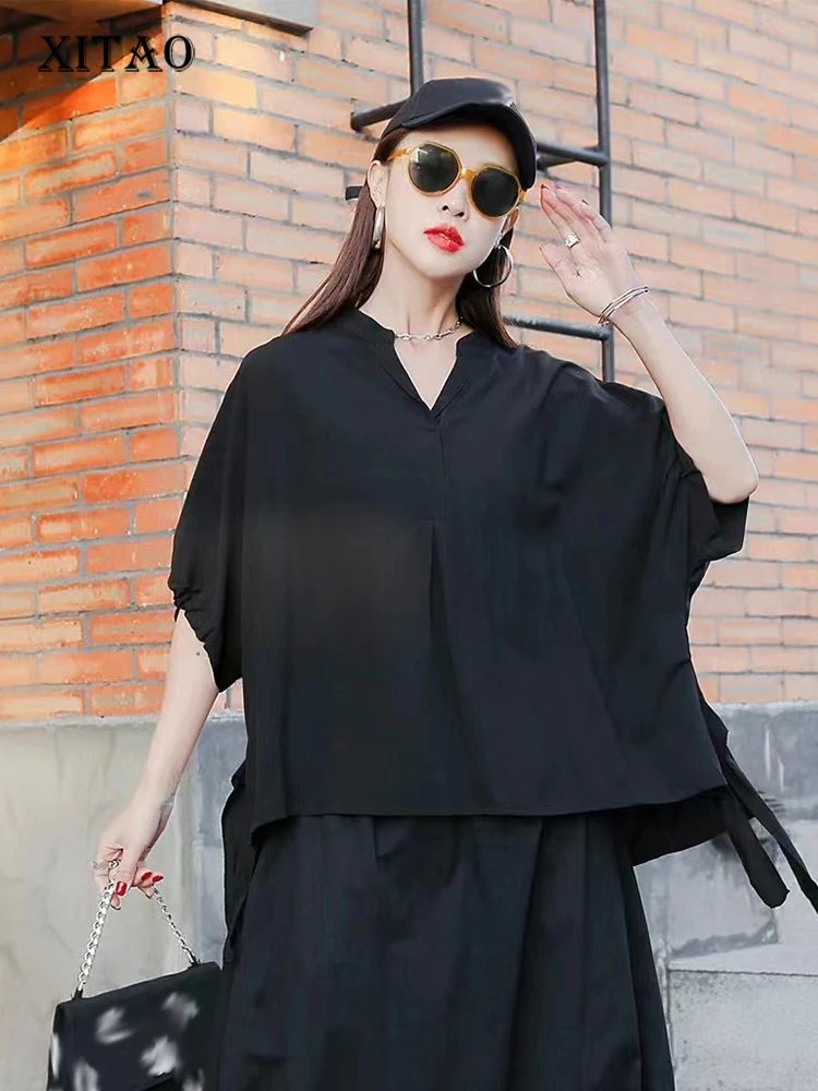 

XITAO Solid Draw String Shirt Women Korea 2022 Summer New Arrival Personality Fashion Loose V-neck Short Sleeve Shirt WMD5698