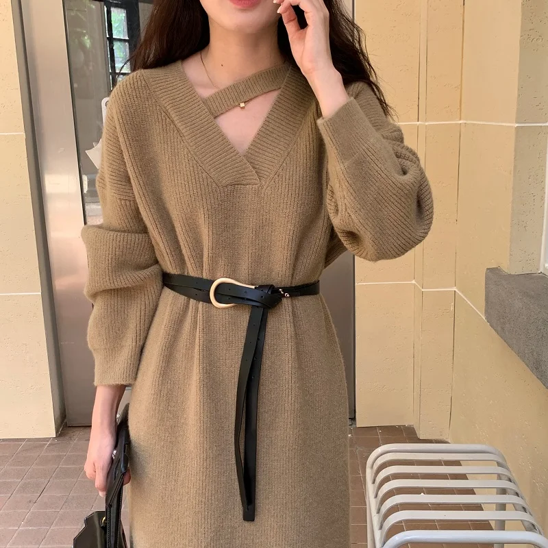 

Женское длинное трикотажное платье SuperAen, корейский Свободный стиль, v-образный вырез, Осень-зима