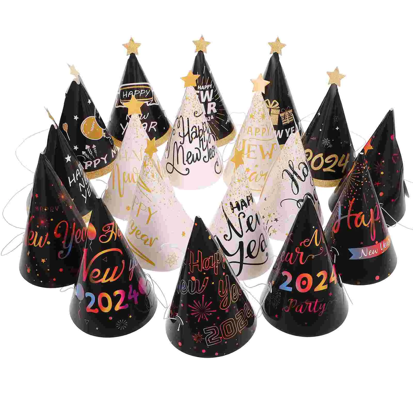 

18pcs Happy New Year Party Cone Hats 2024 New Year Paper Hats New Year's Eve Party Supplies