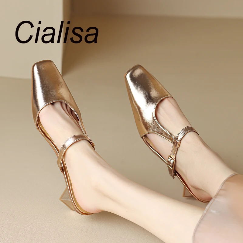 

Женские летние тапочки Cialisa, с квадратным носком, на среднем каблуке 2023 см, бежевые, серебристые, 4,5