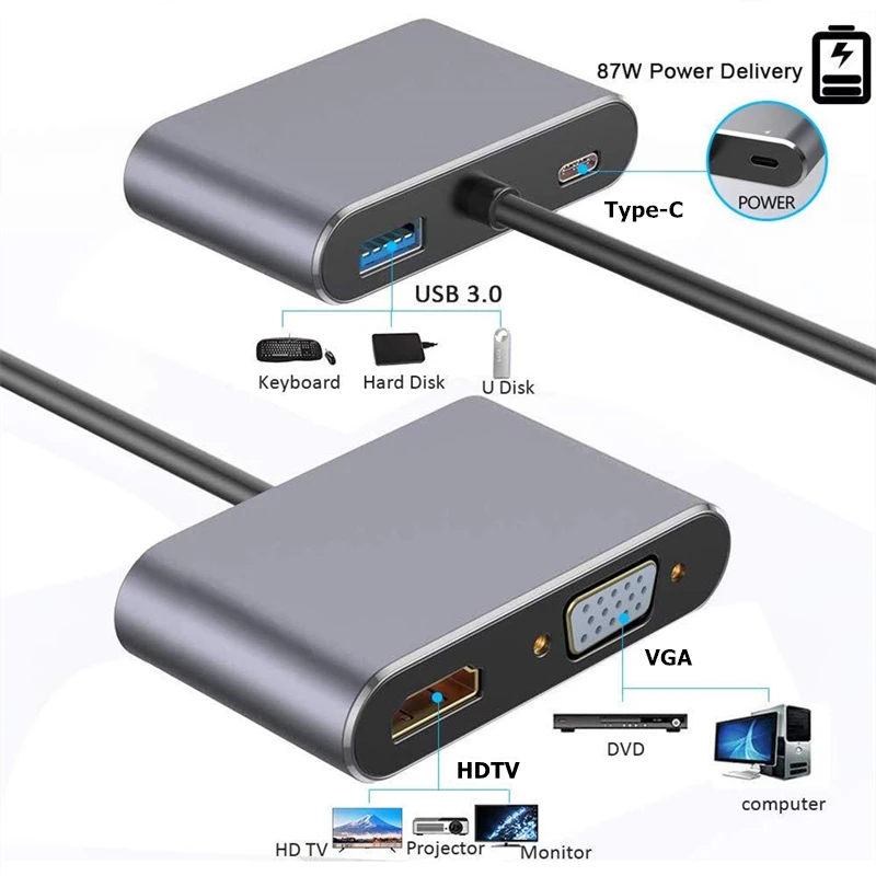 4 In 1 USB C Docking Station Type C To HDMI-Compatible VGA USB 3.0 Converter Hub For Mobile Phone Laptop DVD Player Projector
