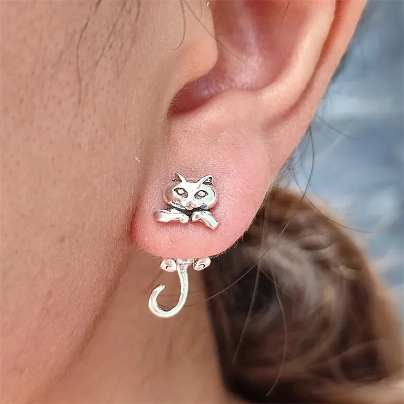 

Vintage Cute Funny Cat Stud Earrings for Women Silver Color Gothic Little Fox Frog Kitten Animal Piercing Ear Studs Jewelry Gift