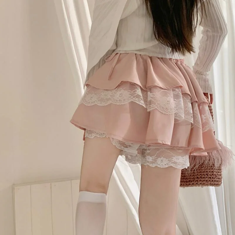 2023 New Womens Splicing Lace Bow Cake Half Skirt Spring Summer  Women's Pure High Waist Peng Short Skirt Pink Black White