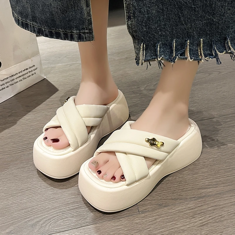 Designer 7CM Platform Sandals Summer 2023 NEW Metal Wedge Heels Beach Slippers Woman Thick Bottom Slides for Women Flip Flops