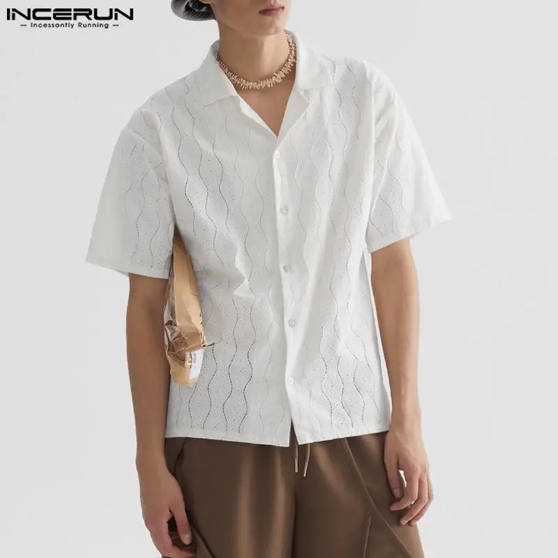 

2023 Men Shirt Lace Hollow Out Retro Lapel Short Sleeve Summer Streetwear Men Clothing Korean Style Casual Shirts S-5XL INCERUN