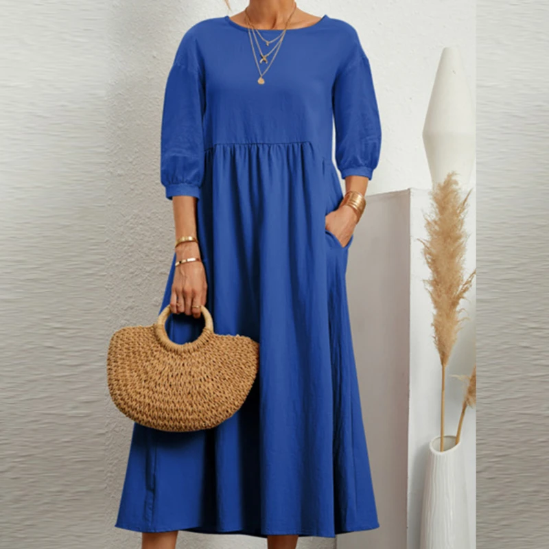 

Pocket Dress Casual Party Elegant Dress New Women's Solid Color Fashion Lantern Sleeve Loose Cotton Dress