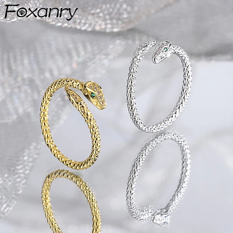 

Foxanry Sparkling Zircons Snake Rings for Women Couples New Trendy Vintage Geometric Handmade Wedding Bride Jewelry Gifts