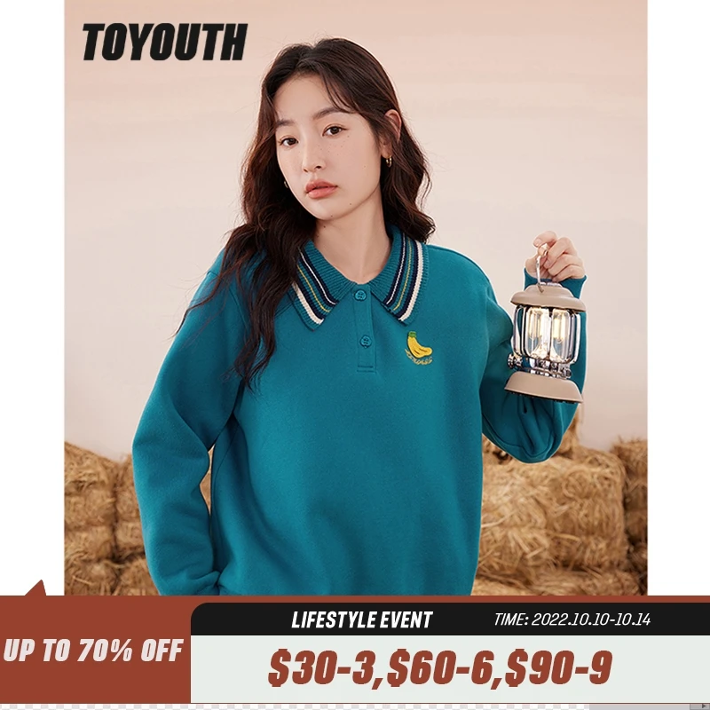 

Toyouth Women Fleece Sweatshirt 2022 Winter Long Sleeve Polo Neck Loose Hoodie Peacock Blue Warm Casual Streetwear Pullover