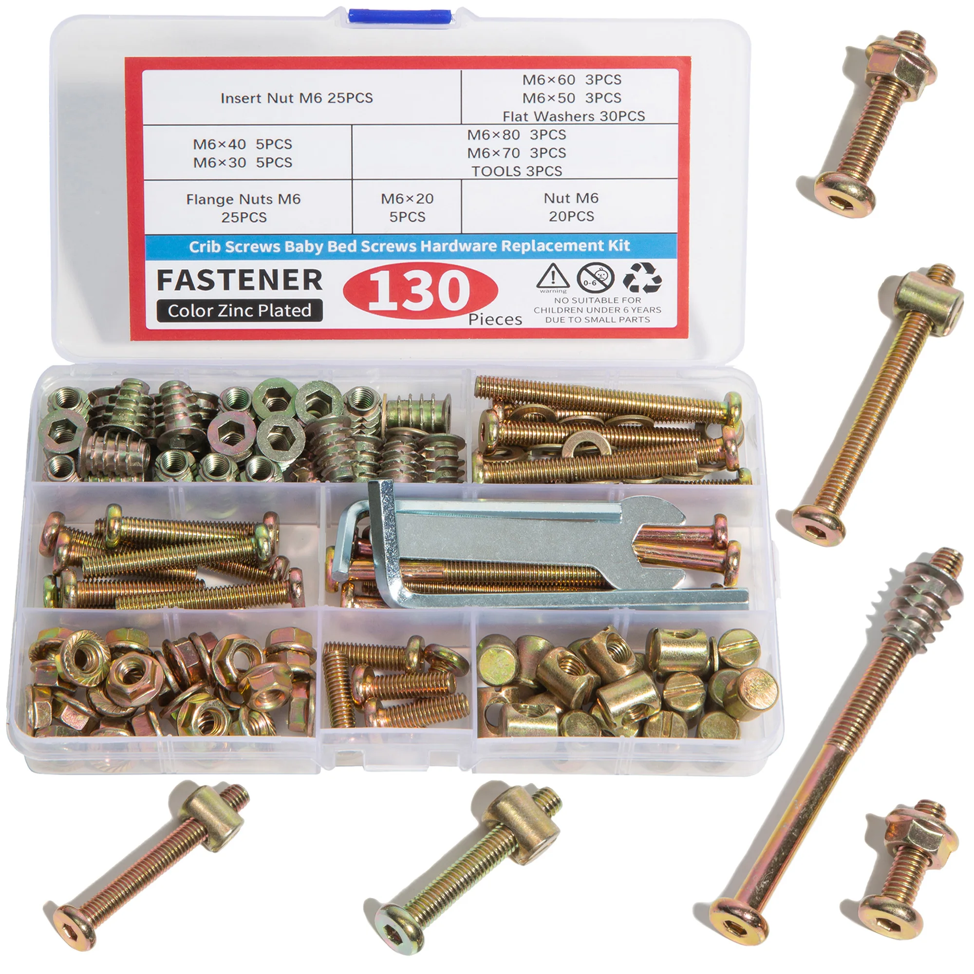 Baby Bed Crib Screws Hardware Replacement Kit, 130PCS M6x20/30/40/50/60/70/80mm, Hex Socket Cap Screws Nuts Assortment Kit