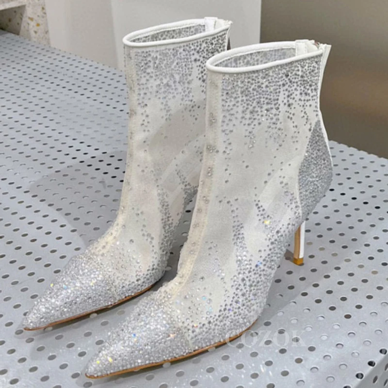

Fashion Banquet Women's High Heel Long Boots Autumn Winter Luxurious Rhinestone Mesh Back Zipper Temperament Female Ankle Boots