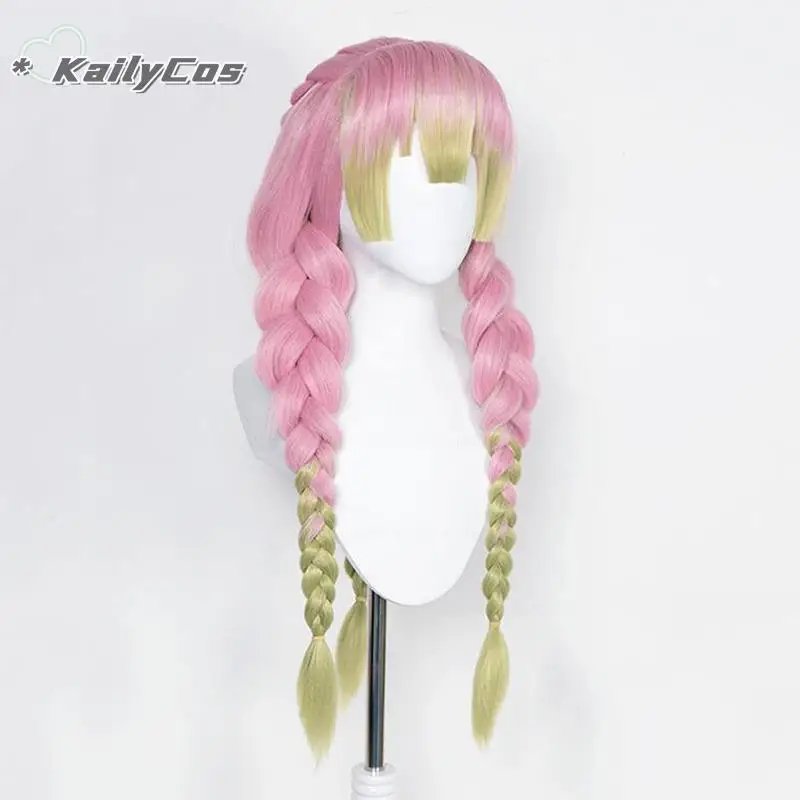Парик для косплея Mitsuri Kanroji высокое качество длинные розовые зеленые плетеные