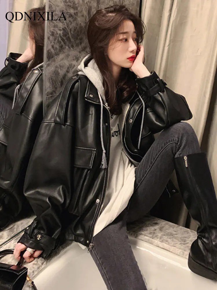 Leather Jacket Women Black PU Short Leather Jacket Motorcycle Suit Women's Spring Jackets Hoodies Women Oversize Winter Jacket