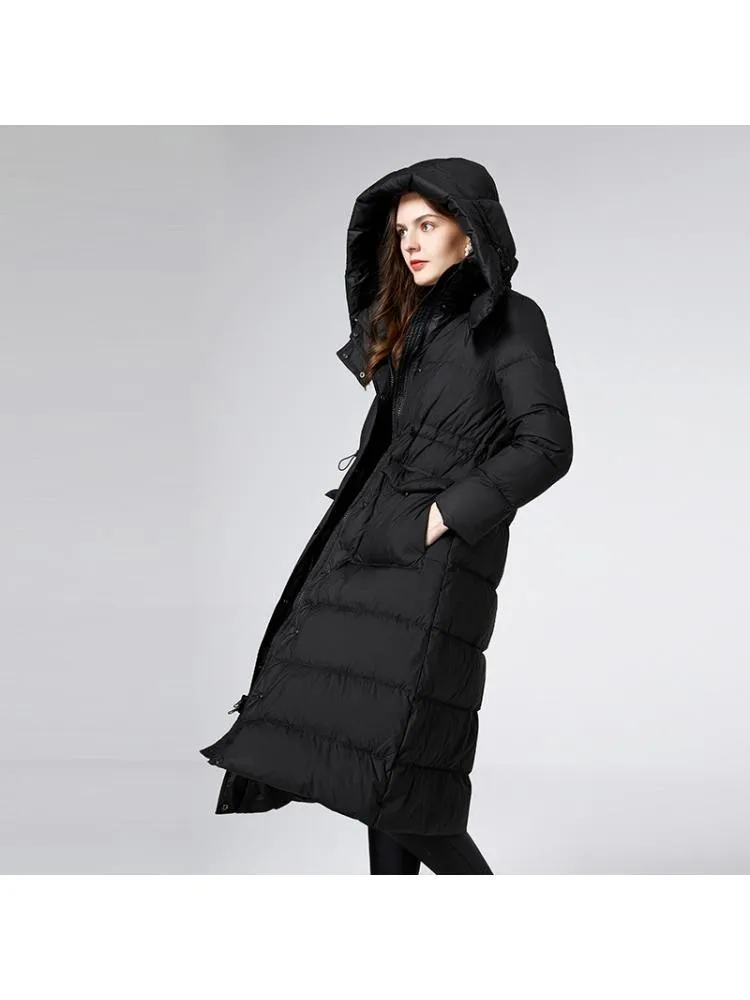 2022 Winter High End Hooded Black Thickened Long Loose 90 White Duck Down Coats Women Warmer Bread Cloth Jackets