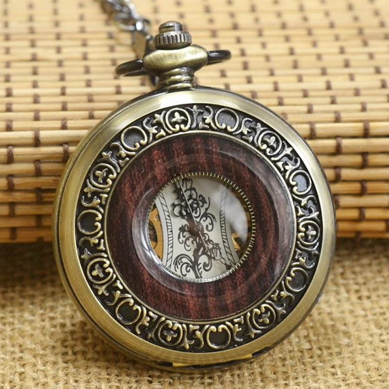 Luxury Vintage Mechanical Pocket Watch for Men Women Wood Grain Wave Roman Numeral Dial Fob Chain Pendant Clock for Collection