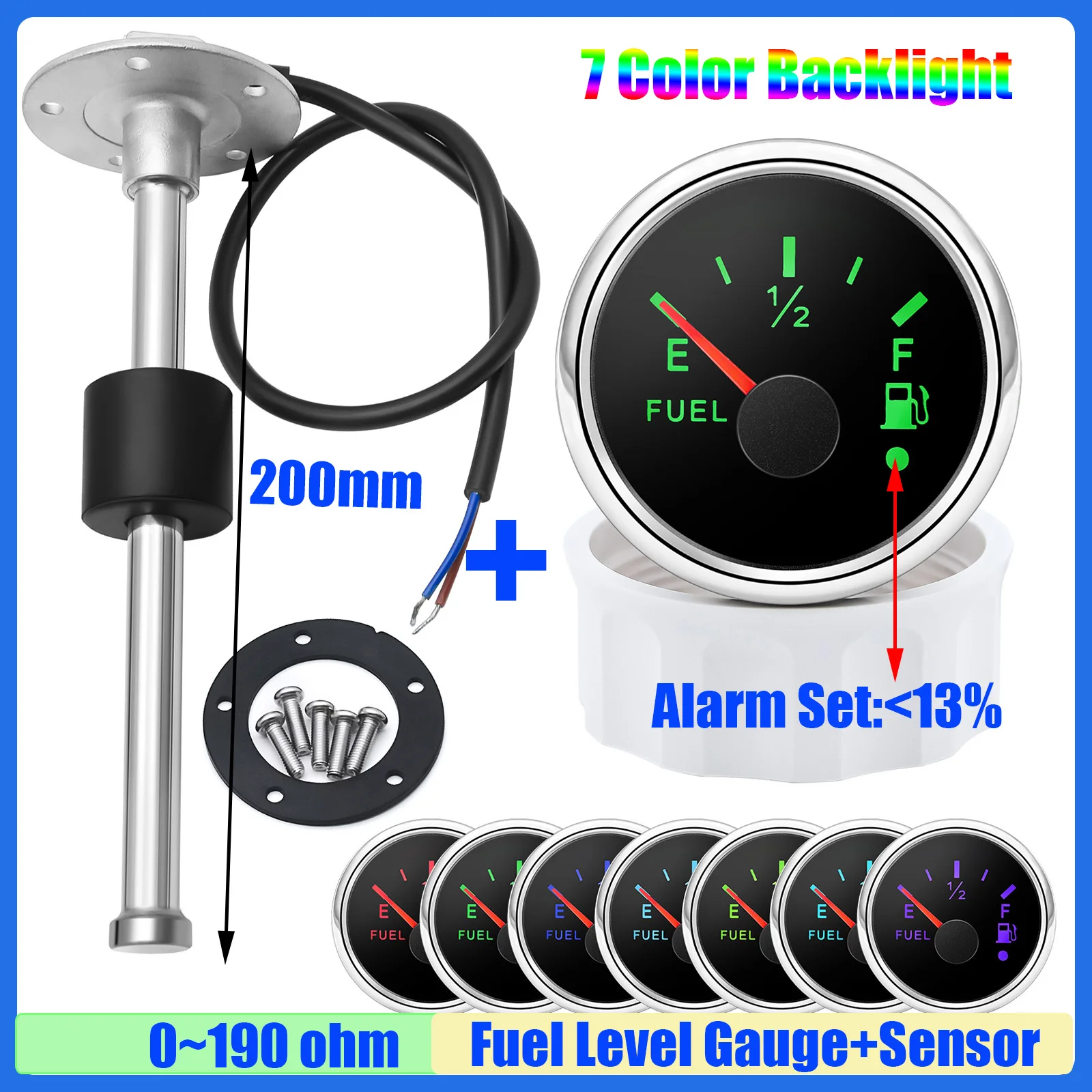 Водонепроницаемый датчик уровня топлива 52 мм со вспышкой + датчик поплава масла 0-190 Ом, счетчик топливного бака, 7 цветов, светодиодный для автомобиля, яхты, 12 В, на заказ