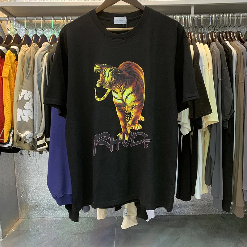 

Streetwear RHUDE T-shirt Cotton Tiger Print Men Women 1:1 Rhude Black Tops Tee