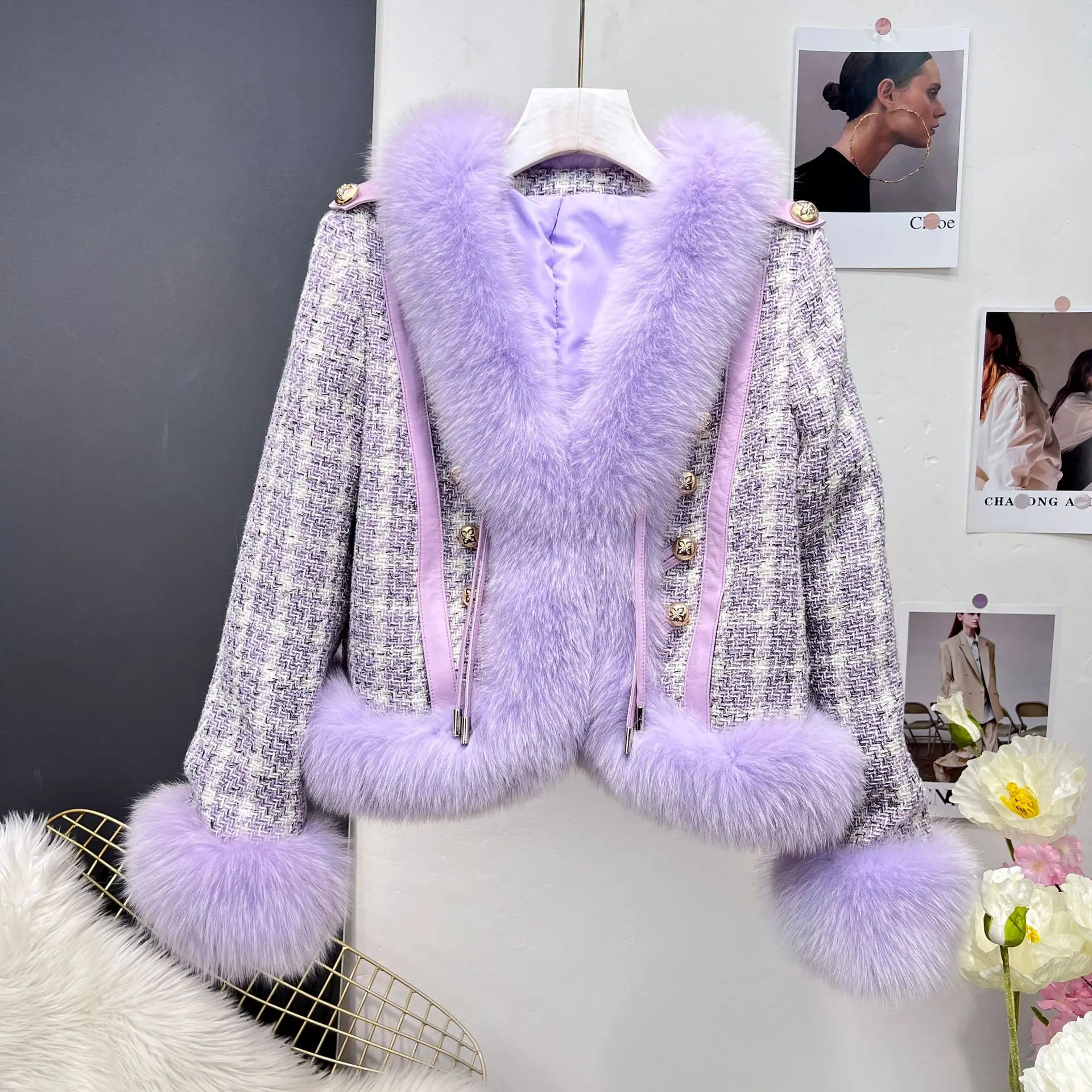 

GTGYFF Fox Fur V Neck Jacket Outerwear For Women Autumn Winter Fashion Long Sleeve Plaid Double Breasted Furry Cuff Coat
